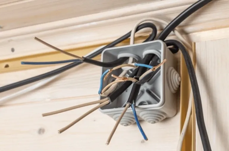 Waterdichte lasdoos met aangesloten installatiedraad op een houten balk